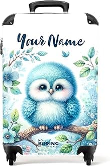 Children's Luggage Kids Suitcase for Boys - Personalised Lightweight Cabin Suitcase on Wheels - Blue Owl Chick on Branch - 55x40x20cm - Hard Shell Trolley - 20" - 10kg