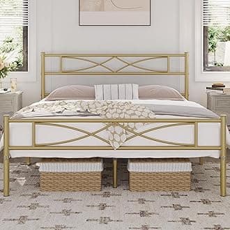 Yaheetech 4ft6 Double Bed Frames Metal Slatted Bed Platform with Curved Design Headboard and Footboard, Under-bed Storage, No Box Spring Needed, 12 Built-in Steel Slats, Antique Gold