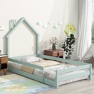 Dolonm Twin Size Montessori Toddler Floor Bed Frame, Modern House-Shaped Frame Headboard Bed with Fences, Pine Wood with Full-Length Guardrails, Bed for Girls Boys(Without Slats), Green