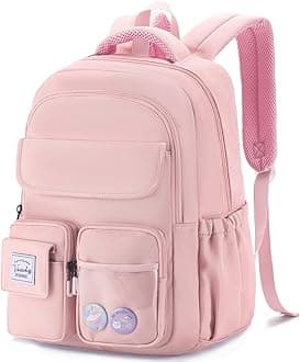 VASCHY Backpack for Girls, Cute School Bag Bookbag for Elementary Middle Schooler Teen Girls/Kids Travel with Clear Pin Pouch Pink