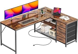 53" L Shaped Desk with Power Outlets and USB-C Port, Reversible Computer Corner Office Desk with 4 Fabric Drawers and 2 Height-Adjustable Shelves, Large for Gaming Writing Study, Rustic Brown