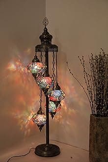 Mosaic 5 Globe Floor Lamps Handmade Unique Turkish Moroccan Night Art Home Decor Light Lampshade Bedside Gift, 5 Bulbs Include