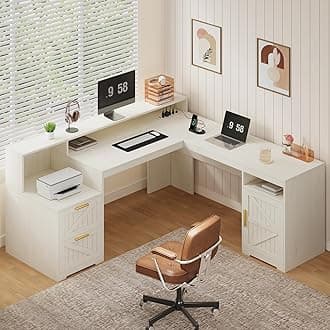 YOMILUVE 63" Farmhouse L Shaped Executive Desk with Drawers & Storage Shelf, Corner Computer Desk with Power Outlets, L Shaped Office Desk with Monitor Stand, Printer Shelf, White