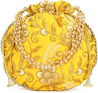 Potli Bag for Women Ethnic Gold, Pearl Handle Floral Accents, Drawstring Closure Pearls Handle Batwa Clutch Purse