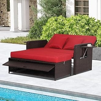 Nightcore Wicker Patio Outdoor Daybed, Outdoor Chaise Lounger w/ 4-Level Adjustable Backrest, Retractable Side Trays, Storage Ottoman, Comfortable & Removable Cushions, Rattan Loveseat (Red)