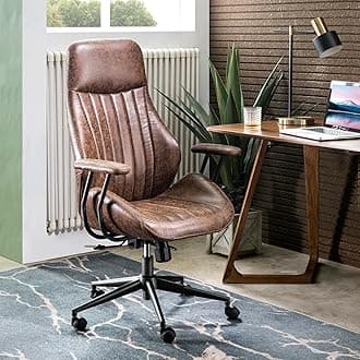 ovios Ergonomic Office Chair, High Back Faux Leather Executive Chairs with Armrests, Comfy Mid-Century Modern Swivel Rolling Computer Armchair (Dark Brown, Suede Leather)