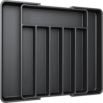 Aujen Silverware Organizer - Expandable Kitchen Drawer Organizer, Adjustable Utensil Organizer, Cutlery Tray for Forks, Knives, Multipurpose Kitchen Organizers and Storage Solution, Black, Large