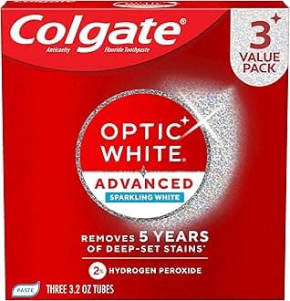 Colgate Optic White Advanced Hydrogen Peroxide Toothpaste, Teeth Whitening Toothpaste Pack, Enamel-Safe Formula, Helps Remove Tea, Coffee, and Wine Stains, Sparkling White, 3 Pack, 3.2 oz