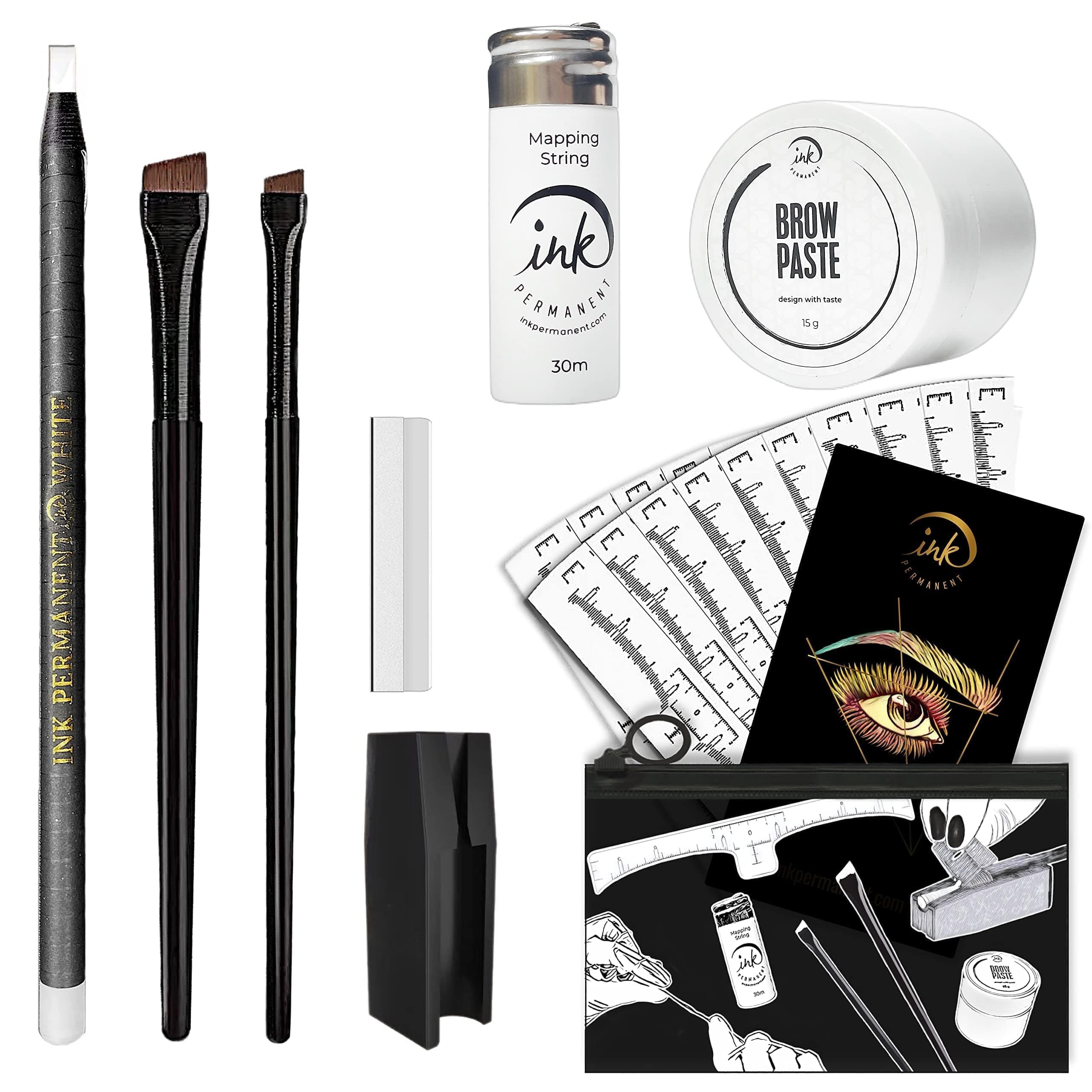 Eyebrow Mapping Kit with 30m White Shaping String, 15g White Brow Paste + 2 Brush Set, Eyebrow Mapping Pencil, Pencil Shaper and Blades, 20 Ruler Stencils and Instructions