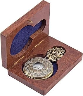 Roman Number Pocket Watch with Wooden Box, Bronze Analog Long Chain Vintage Style Round Dial Quartz Unisex