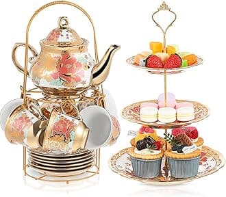 Maxcheck 21 Pcs Tea Party Set for Adults European Floral Tea Set with Metal Holder and 3 Tier Ceramic Cake Stand Porcelain Flower Cup Teapot for Dessert Cupcake Christmas Gift(Vintage Style)