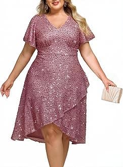 Ever-Pretty Plus Women's Formal Eveing Dress V Neck A-line High Low Sequin Plus Size Christmas Cocktail Party Dresses