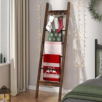Hzuaneri Blanket Ladder Shelf for Living Room, Decorative Wood Quilt Rack with 4 Removable Hooks, 6-Tier Farmhouse Ladder Holder Organizer for Bedroom, Rustic Brown and Black BR31501B