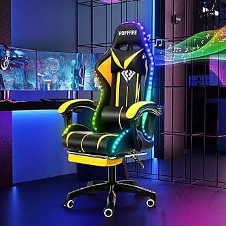 HOFFREE RGB Gaming Chair with Speakers Massage Computer Gaming Chair with LED Lights and Footrest High Back Video Game Chair for Adults Yellow and Black