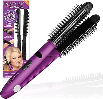 Instyler Pro Hair Straightener, 2 in 1 Ceramic Flat Iron Hair Straightener & Hot Brush for Added Volume and Waves, Auto Safety Shut Off, Cool Touch Bristles, Multiple Heat Settings As Seen on TV