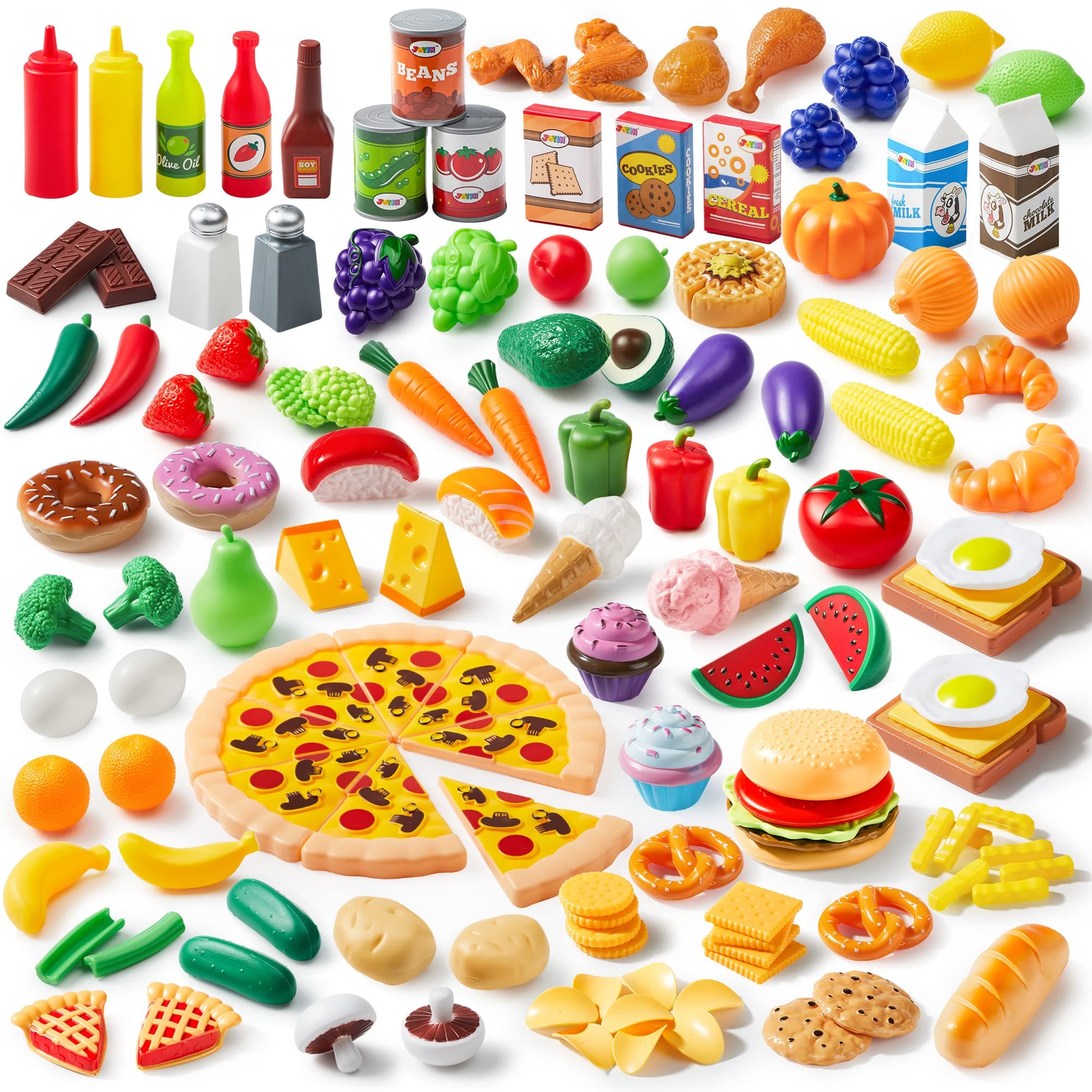 JOYIN 135 Piece Kitchen Game for Market Simulation - Fake Food Party Supplies and Holiday Accessories