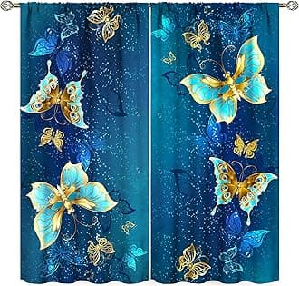Butterfly Curtain for Girls Bedroom Decor,Blue Irises Yellow Daisies Floral Background Print Window Drapes for Kids Living Room Kitchen Decor Blackout Draperies for Bedroom Window 42x45in