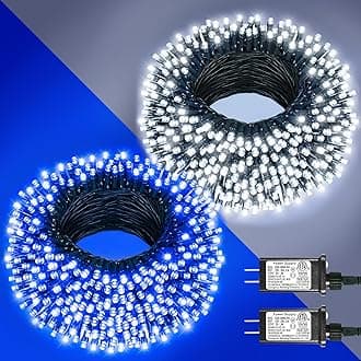 2 Pack Christmas Lights Outdoor, Total 200FT 600 LED String Lights for Outside Waterproof with 8 Modes, Green Wire Twinkle Tree Lights for Indoor Patio Xmas Decorations, 1 Pack Blue & 1 Pack White