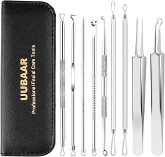 9PCS Blackhead Remover Tools, Pimple Popper Tool Kit with 2 Tweezers, 304 Stainless Steel Comedone Extractor, 16 Precision Heads Face Nose Acne Zit Removal, Home Esthetician Use & Leather Case