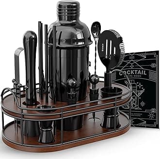 Home Hero Elegant Bartender Kit with Wooden Stand, Premium Bar Set & Cocktail Shaker, Gift for Home Bar and Cocktail Enthusiasts, Essential Bar Accessories with Recipe Book (22 Pcs - Black)