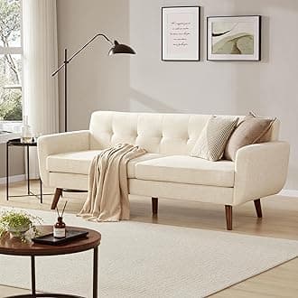 Tbfit 77.2" W Linen Sofa Couch, Mid Century Modern Decor Loveseat Couches for Living Room, Button Tufted Upholstered Small Couch for Bedroom, Solid, and Easy to Install Love Seats Furniture, Beige | linen fabric, button tufted, solid wood foot, pocket spring, wood slats frame