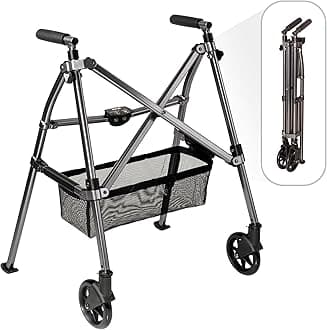 Stander EZ Fold-N-Go Walker, Lightweight Folding Mobility Frame with 2 Swivel Wheels, Elderly Travel Walking Aid, Black Walnut (Eligible for VAT Relief in The UK)