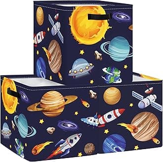 3 pcs Cosmic Space Kids Cube Storage Unit Boxes Planets Stars Storage Baskets for Shelves Boys Nursery Hamper Basket Book Clothes Toy Box Organizer,Solar System,11.8x11.8x11.8 in