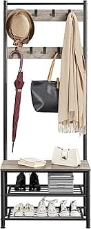 costoffs Coat Rack Stand for Bedroom, Living Room & Hallway, Free Standing Hall Tree with Shoes Storage Bench, 9 Movable Hooks & 2-tier Open Shelves, 72.5x33x184.5cm, Grey