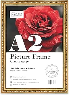 A2 Gold Ornate Picture Frame Fits A2 (42 x 59.4cm - 16.5 x 23.4in) Poster, Photo, Artwork, or Print. Opulent Style Portrait and Landscape Display with Wall Hooks