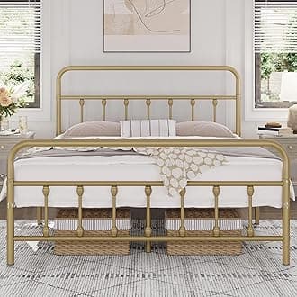 Yaheetech Classic Metal Platform Bed Frame Mattress Foundation with Victorian Style Iron-Art Headboard/Footboard/Under Bed Storage No Box Spring Needed Full Size Antique Gold
