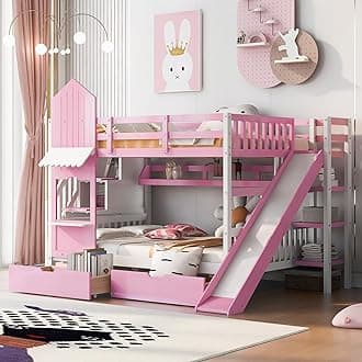 Full-Over-Full Bunk Beds Castle Style Bunk Bed with 2 Drawers 3 Shelves and Slide - Pink