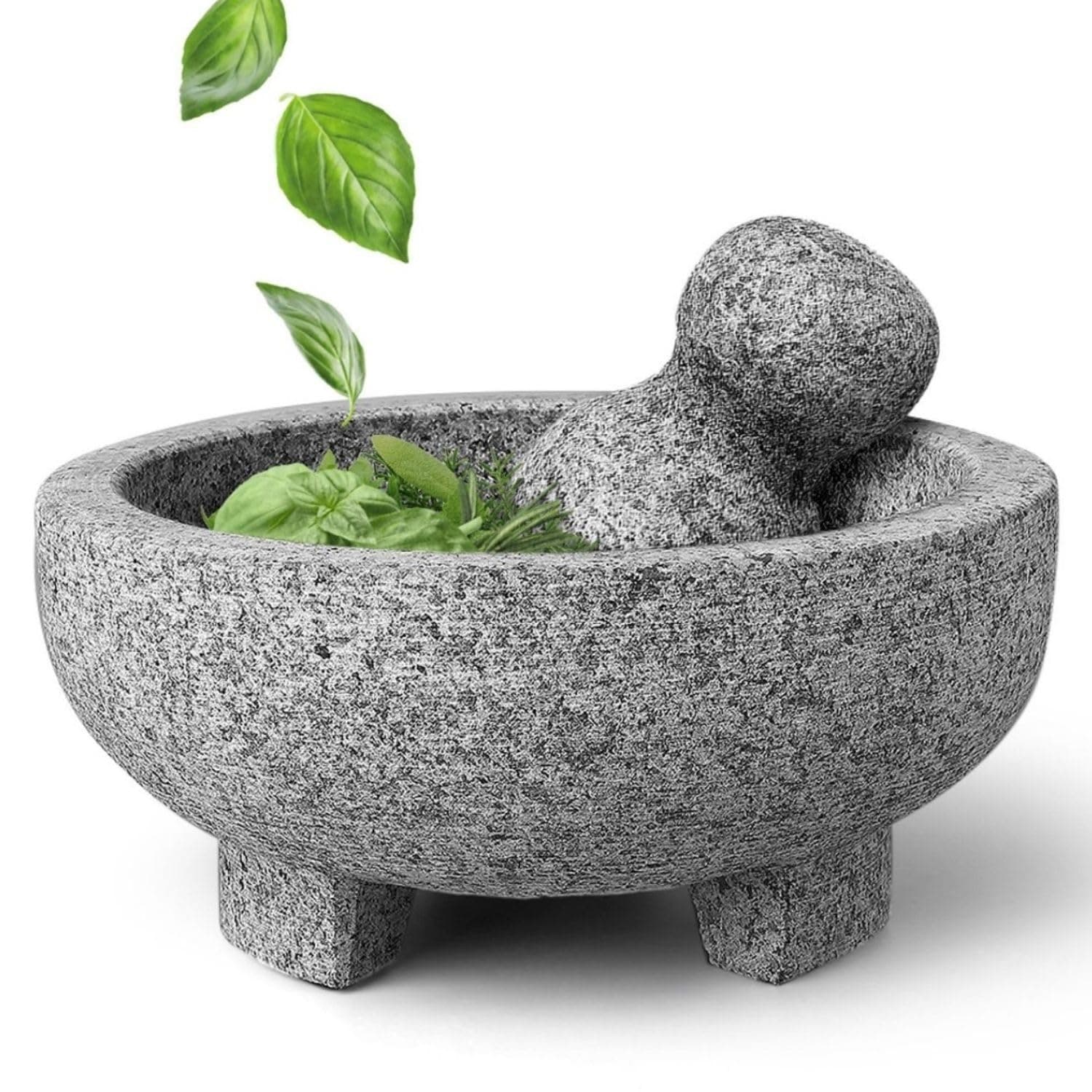 Flexzion Granite Mortar and Pestle Set - Solid Granite Stone Grinder Bowl Holder 6 Inch Molcajete For Guacamole, Herbs, Spices, Garlic, Kitchen, Cooking, Medicine