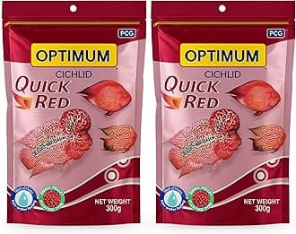 Optimum Cichlid Quick Red Small Pellet Fish Food 300gm - (Pack of 2) | Highly Digestible & Added with Fish Meal, Corn Gluten Meal & Fish Oil | High Protein Feed | with Free Key Ring