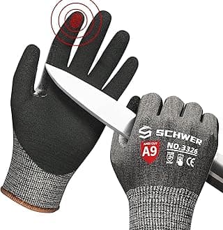 Schwer Highest Level Cut Resistant Work Gloves for Extreme Protection, ANSI A9 Working Gloves with Sandy Nitrile Coated, Touch-screen, Compatible, Durable, Machine Washable, Black 1 Pair（M）
