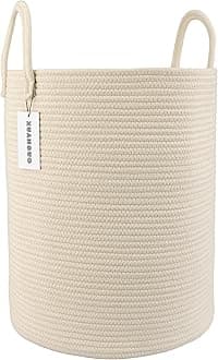 Cotton Rope Laundry Basket Hamper for Clothes Woven Storage Basket for Living Room Bedroom Boho Tall Rope Baskets for Blanket Toys Pillow Towels Baby Nursery Hamper Bin beige