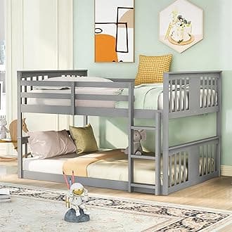 Low Bunk Beds Full Over Full Wood Bunk Bed Frame Floor Bunkbed for Kids Toddlers Boys Girls Teens’ Bedroom Dorm, Gray