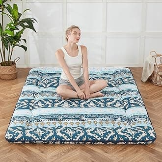 Japanese Floor Mattress, Futon Mattress with Portable Storage Bag and Washable Cover, Roll Up Thick Tatami Mat Suitable for Camping, Guest Room (Blue Striped Jacquard, Twin)