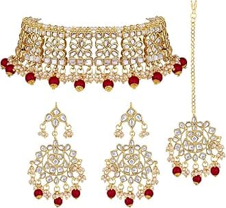 AheliElegant Indian Wedding Wear Faux Kundan Studded Choker Necklace with Maang Tikka Set Ethnic Fashion Jewelry for Women