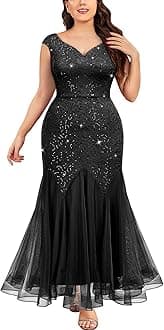 Women's Plus Size Sleeveless Sequins Lace V-Neck Tulle Mermaid Hem Formal Gown Dress