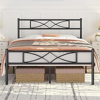 Yaheetech 4ft6 Double Bed Frames Metal Slatted Bed Platform with Curved Design Headboard and Footboard, Under-bed Storage, No Box Spring Needed, 12 Built-in Steel Slats, Black