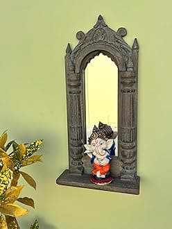 Countryside Wooden Rectangular Wall Hanging Jharokha Wall Mount Framed Mirror for Living Room, Bedroom, Home Decor (45x25x8 cms)