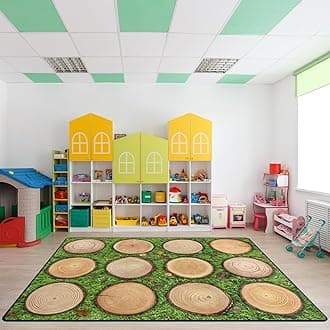 Kids Rug, Classroom Carpets Playmat Rugs - 5x7 Ft Kids Carpet with Rubber Backing, Green Grass Tree Stump Classroom Seating Rug Play Mat Nursery Rugs for Children Bedroom Playroom Elementary -Seats 12
