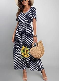 Womens Summer Maxi Boho Beach Dress Floral Print Dress V Neck Short Sleeve Drawstring High Waist Flowy Long Midi Dresses