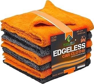Towelogy520gsm Professional Microfibre Edgeless Car Cloths QUICK DRY for Auto/Moto Detailing Polishing Washing STREAK FREE & LINT FREE 40x40cm (Grey/Orange, Pack Of 6)
