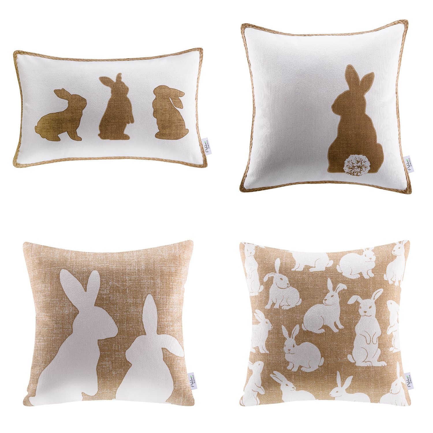 Ashler Linen Easter Pillow Covers 18x18, Spring Rabbit Set of 4 Easter Throw Pillow Cover, Bunny Decorations Holiday Cushion Pillow Case Decorative for Home Decor, Beige and White