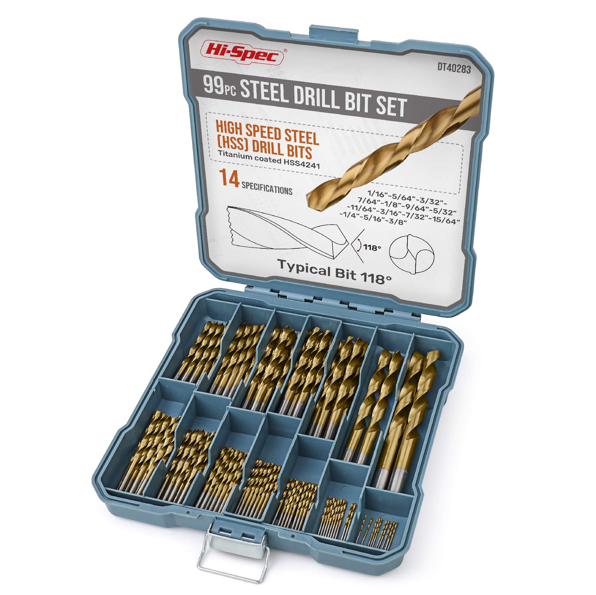 - Hi-Spec Tools Drill Bit Set 99pc SAE HSS Steel for Drill Drivers - 1/16 to 3/8" Drill Bits for Metal, Plastics, Wood, Drywall - Complete Bits Sets with Storage Holder Case