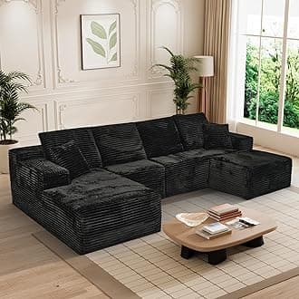 Modular Sectional Sofa Cloud Sectional Couch, 135" Comfy Fluffy U Shaped Black Couches for Living Room, Deep Seat Memory Foam Plush Corduroy Boneless Couch Sectionals with Left Facing Chaise Sofa