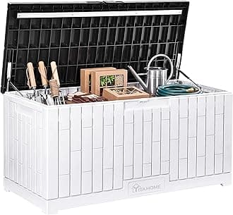 YITAHOME 120 Gallon Outdoor Storage Deck Box, Large Resin Patio Storage with Slide-Locking Black Lid, 2-Person Bench Seat for Outdoor Pillows, Garden Tools & Pool-Supplies, Waterproof, Grayish-White