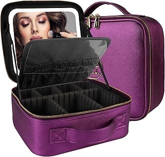 MOMIRA Travel Makeup Bag Cosmetic Bag Makeup Organizer Bag with Lighted Mirror, Adjustable Brightness in 3 Color Scenarios, Waterproof Makeup Train Case, Gift for Women - Brilliant Purple