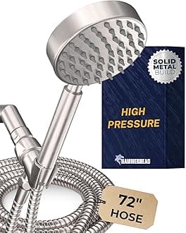 HammerHead Showers All Metal Hand Held Head with Hose and Holder Brushed Nickel | 2.5 GPM Rainfall Flow with Removable Restrictor | 4" Handheld head 72 Inch Long Flexible Hose Adjustable Bracket